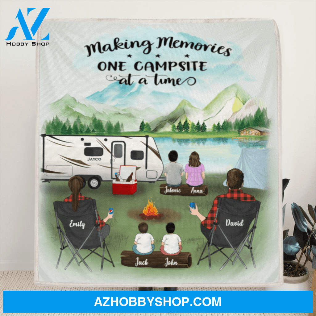Personalized Camping Fleece Blanket - Family with 2 Babies and 2 Kids - Gift For The Whole Family - Making Memories One Campsite At A Time