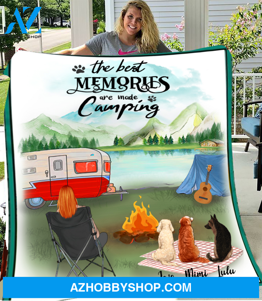 Personalized Camping Fleece Blanket Gift For Dog Mom - Mom & Upto 3 Dogs - The best memories are made camping