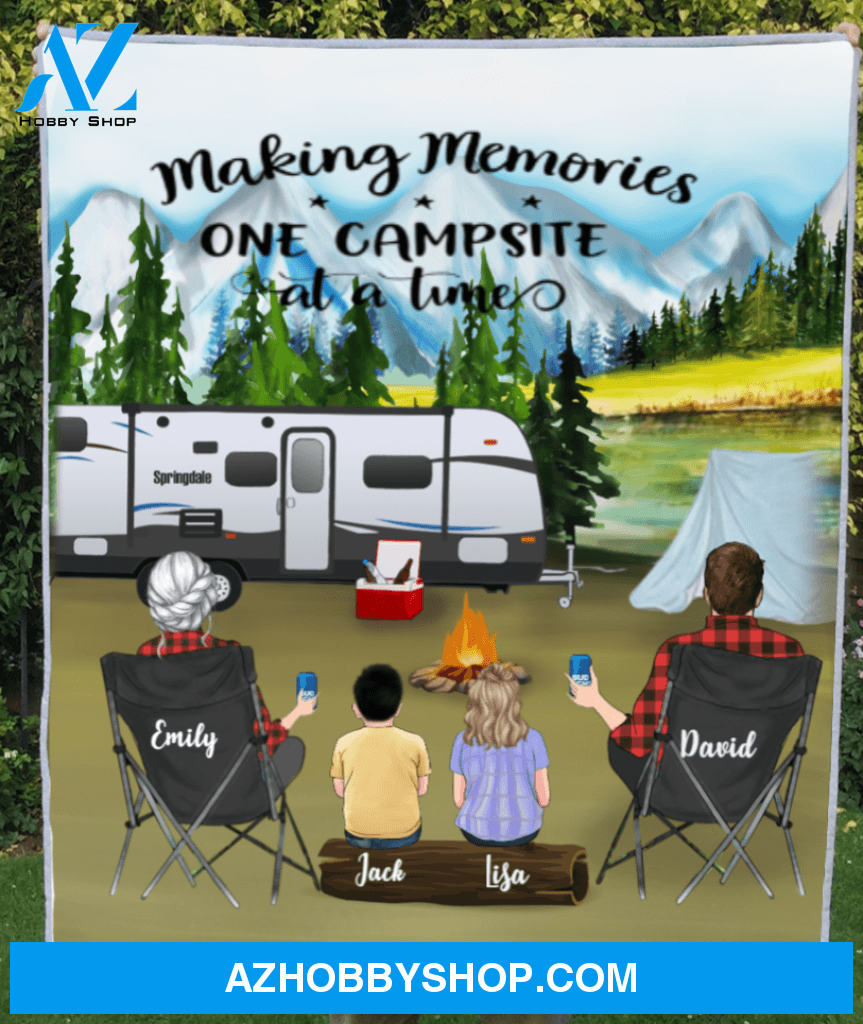 Personalized camping fleece blanket - Parents With 2 Kids Mountain Camping Fleece - gift idea for family, camping lovers - Making Memories One Campsite At A Home