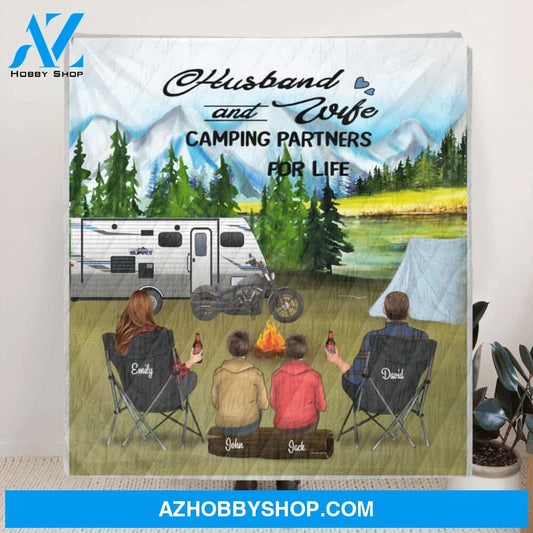 Personalized Camping Quilt Blanket - Parents with 2 Teens Mountain Camping Blanket - Gift Idea For The Whole Family