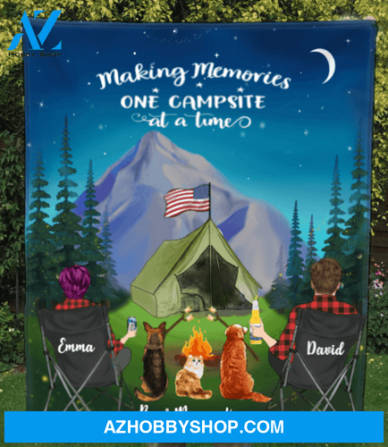 Personalized Camping Quilt Blanket Gift Idea For The Whole Family, Cat Dog Dad Mom - Couple & 3 Pets Night Mountain Camping