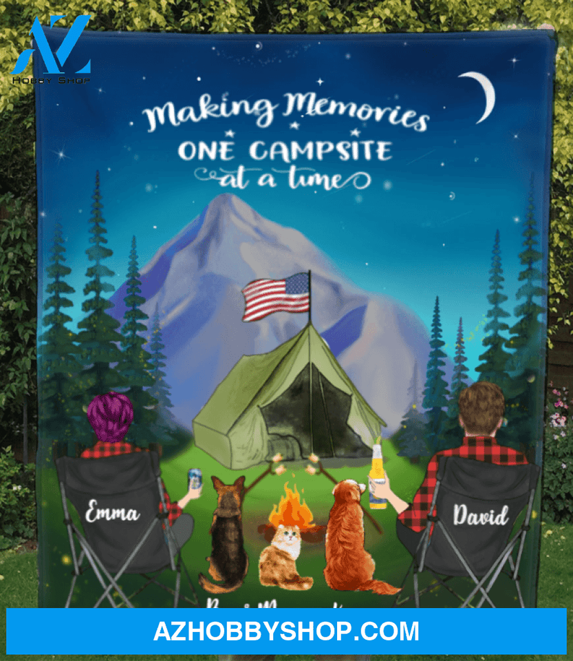 Personalized Camping Quilt Blanket Gift Idea For The Whole Family, Cat Dog Dad Mom - Couple & 3 Pets Night Mountain Camping