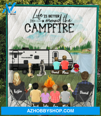 Personalized camping quilt blanket gift idea for the whole family - Parents & 6 kids, 2 pets