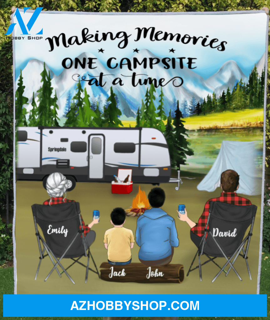 Personalized camping fleece blanket - Parents With 1 Kid and 1 Teen - Mountain Camping Fleece - gift idea for family, camping lovers - Making Memories One Campsite At A Home