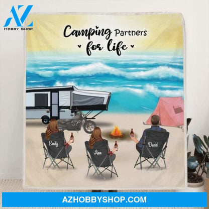 Personalized camping quilt/fleece blanket - Upto 4 Adults and Pets camping at the beach - Gift idea for family, camping lovers - Camping Partners For Life -