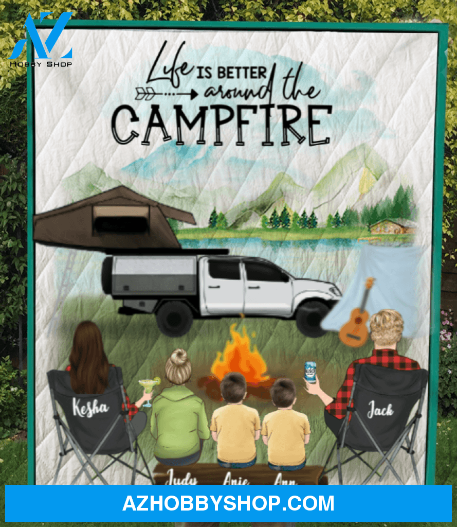 Personalized camping quilt blanket gift idea for the whole family - Parents with 1 teen & 2 kids Quilt