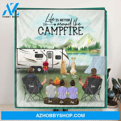 Personalized Camping Blanket - Couple Same Sex with 3 Kids and 2 Dog - Best Gift for Same Sex Couple - Life Is Better Around The Campfire
