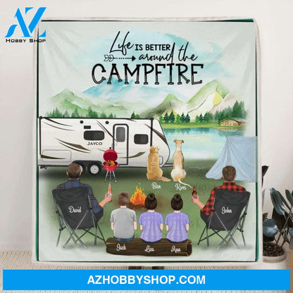Personalized Camping Blanket - Couple Same Sex with 3 Kids and 2 Dog - Best Gift for Same Sex Couple - Life Is Better Around The Campfire