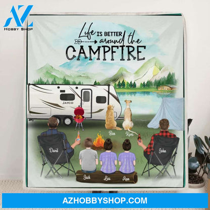 Personalized Camping Blanket - Couple Same Sex with 3 Kids and 2 Dog - Best Gift for Same Sex Couple - Life Is Better Around The Campfire