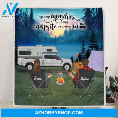 Personalized Camping Blanket, Gift For Couple and Family upto 3 Kids and 3 Dogs - Making Memories One Campsite At A Time - 341148