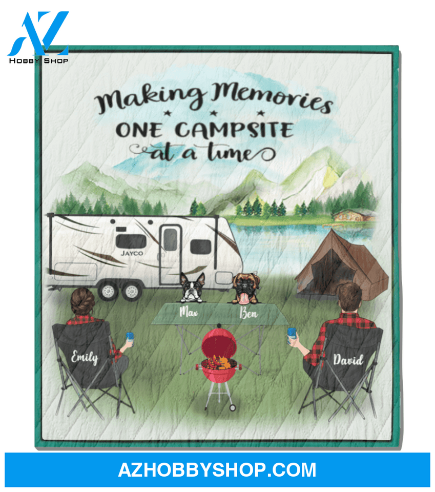 Personalized Camping Blanket, Gift For Couple - Couple With 2 Dogs In Front - Making Memories One Campsite At A Time