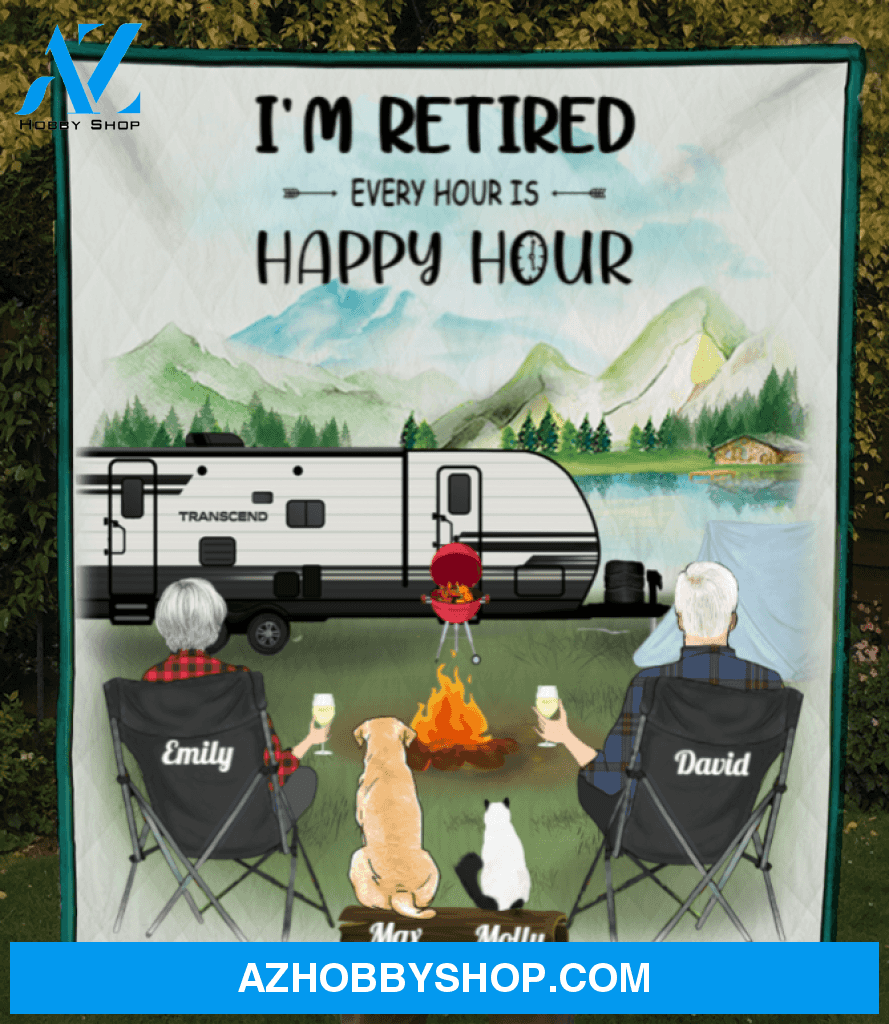 Personalized camping blanket gift idea for couple, family, camping lovers - Couple with 2 pets quilt blanket - I'm retired Every hour is happy hour