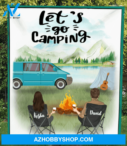 Personalized camping blanket gift idea for couple, family, camping lovers - Couple with drinks camping quilt - Camping partners for life