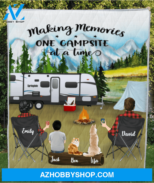 Personalized camping blanket gift idea for family, camping lovers - Parents With 1 Kid & 2 pets Mountain Camping Quilt Blanket