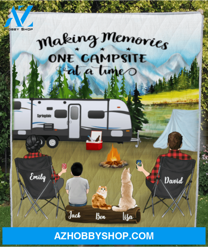 Personalized camping blanket gift idea for family, camping lovers - Parents With 1 Kid & 2 pets Mountain Camping Quilt Blanket