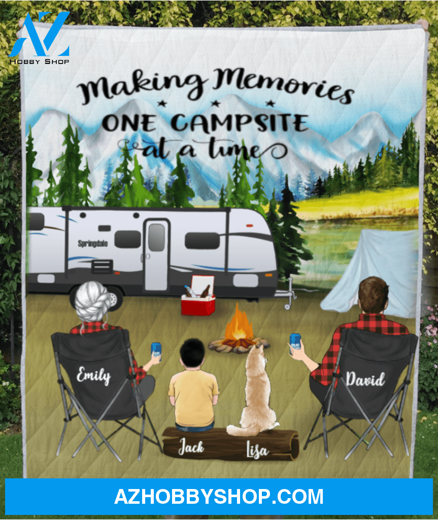 Personalized camping blanket gift idea for family, camping lovers - Parents With 1 Kid and 1 Pet Mountain Camping Quilt