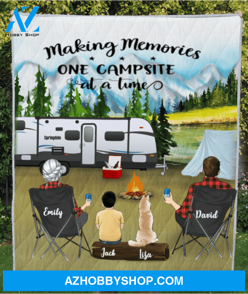 Personalized camping blanket gift idea for family, camping lovers - Parents With 1 Kid and 1 Pet Mountain Camping Quilt