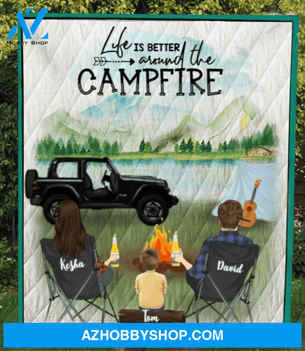 Personalized camping blanket gift idea for family, camping lovers - Parents With 1 Kid Mountain Camping Quilt Blanket