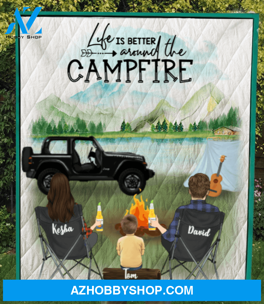 Personalized camping blanket gift idea for family, camping lovers - Parents With 1 Kid Mountain Camping Quilt Blanket