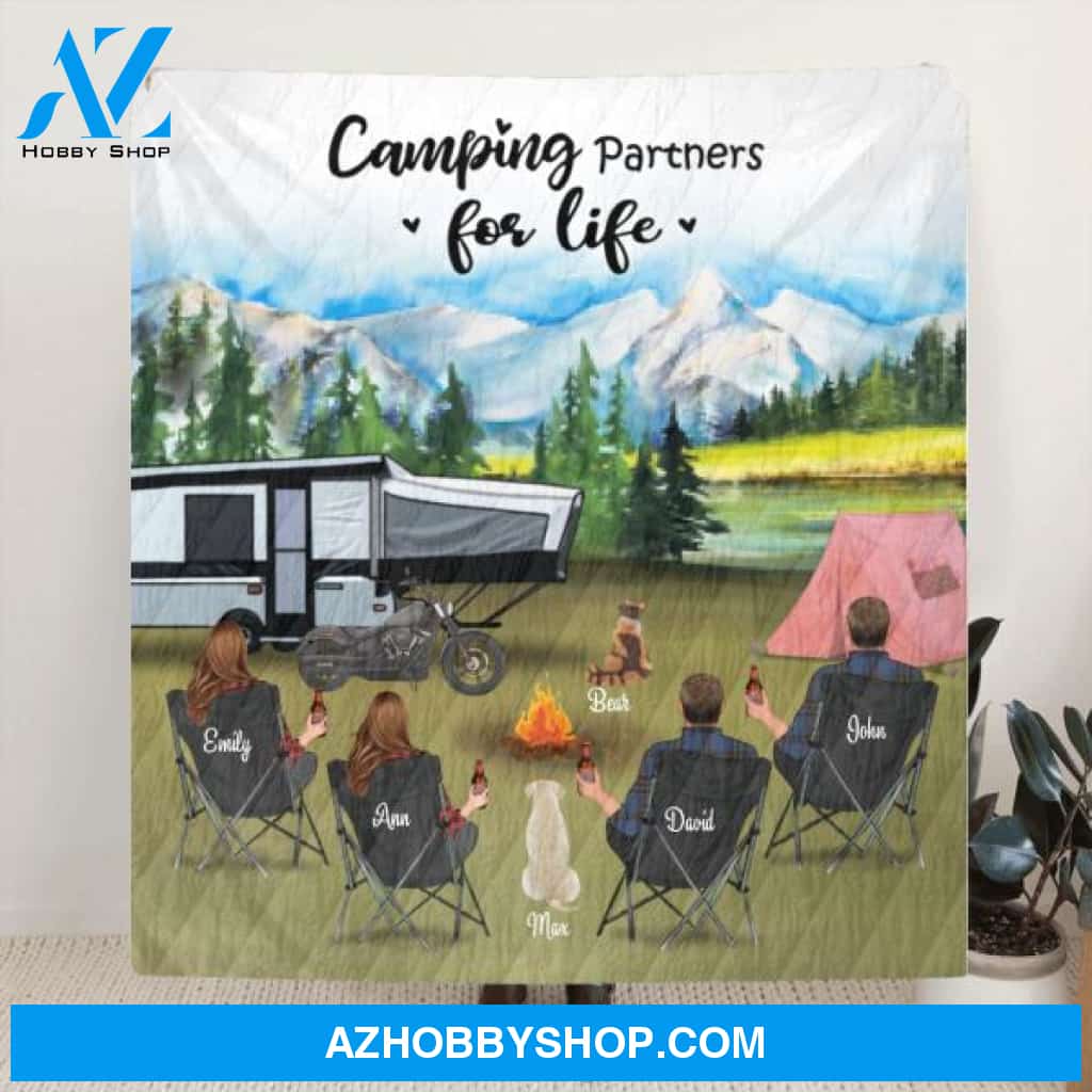 Personalized camping blanket - Adults with 2 Pets camping blanket - gift idea for family, camping lovers - Camping Partners For Life