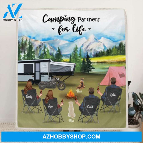 Personalized camping blanket - Adults with 2 Pets camping blanket - gift idea for family, camping lovers - Camping Partners For Life