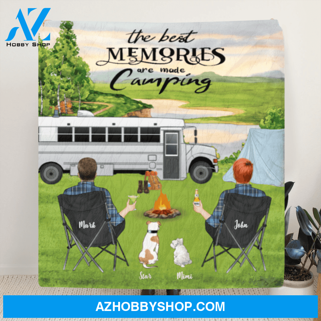 Personalized Camping Blanket, Gift Idea For Same Sex Couple, Camping Lovers - 2 Men With 2 Dogs Camping Quilt – The Best Memories Are Made Camping - Landscape and a steep bank of the lake