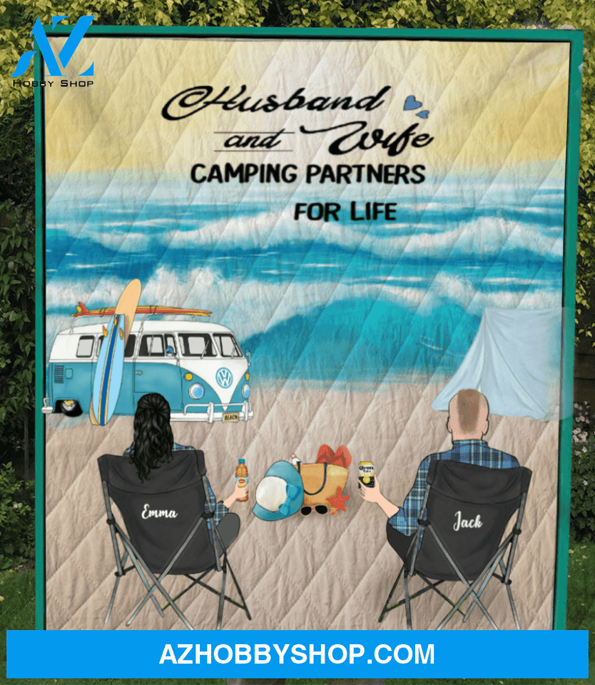 Personalized camping blanket gift idea for the couple, camping lovers - Couple Beach Camping Quilt V5.2 - Husband and Wife Camping Partners For Life