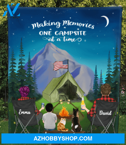 Personalized Camping Blanket Gift Idea For The Whole Family, Cat Dog Lovers - 1 Kid & 2 Pets Night Mountain Quilt