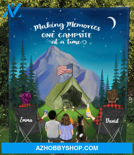 Personalized Camping Blanket Gift Idea For The Whole Family, Cat Dog Lovers - 2 Kids & 1 Pet Night Mountain Quilt
