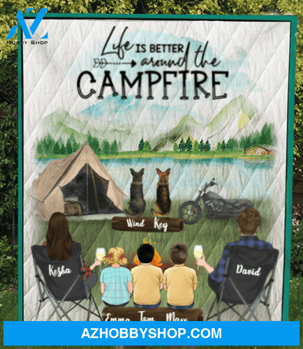 Personalized camping blanket gift idea for the whole family, cat dog lovers - Parents with 3 kids & 2 pets quilt blanket - Father's day gift from wife to husband - No camper