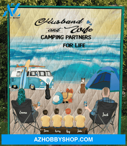 Personalized camping blanket gift idea for the whole family, dog lovers - Parents with 4 kids & 2 dogs beach camping quilt blanket - Father's day gift from wife to husband