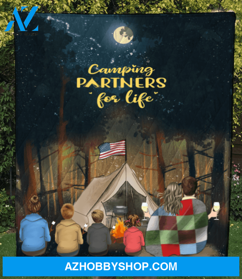 Personalized camping blanket gift idea for the whole family, camping lovers - Parents & 4 Kids forest camping quilt - Father's day gift from wife to husband