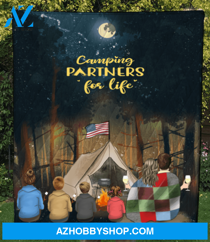 Personalized camping blanket gift idea for the whole family, camping lovers - Parents & 4 Kids forest camping quilt - Father's day gift from wife to husband