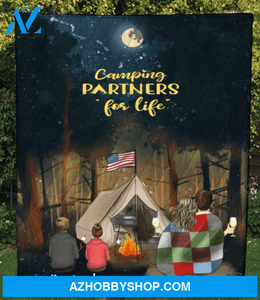 Personalized camping blanket gift idea for the whole family, camping lovers - Parents & 2 Kids forest camping quilt - Father's day gift from wife to husband