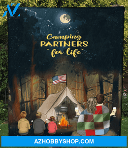 Personalized camping blanket gift idea for the whole family, camping lovers - Parents & 3 Kids forest camping quilt - Father's day gift from wife to husband