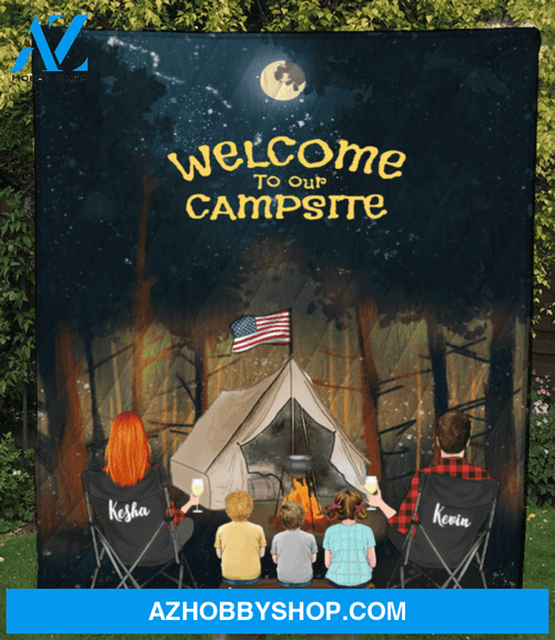Personalized camping blanket gift idea for the whole family, camping lovers - Parents & 3 Kids forest camping quilt - Father's day gift from wife to husband