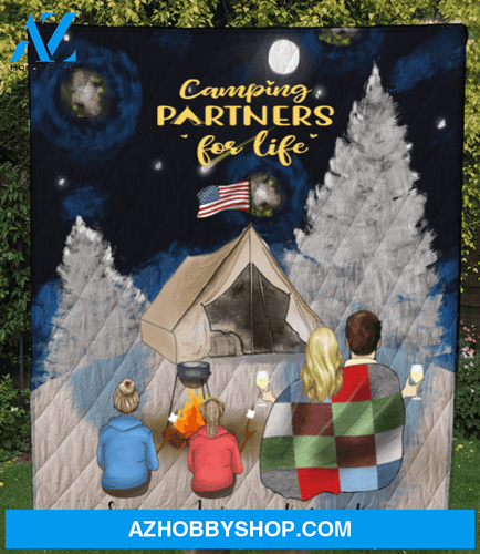 Personalized camping blanket gift idea for the whole family, camping lovers - Father's day gift from wife to husband - Parents & 2 Kids winter camping quilt