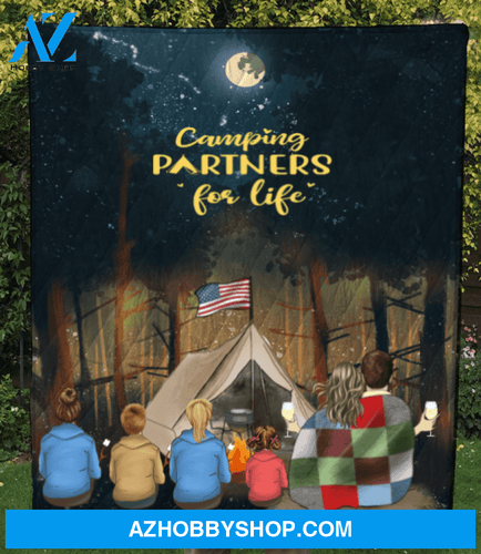 Personalized camping blanket gift idea for the whole family, camping lovers - Parents & 3 teens, 1 kid forest camping quilt