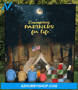 Personalized camping blanket gift idea for the whole family, camping lovers - Parents & 3 teens, 1 kid forest camping quilt