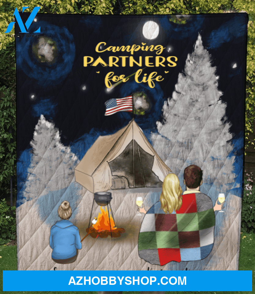 Personalized camping blanket gift idea for the whole family, camping lovers - Parents & 1 Kid winter camping quilt - Camping partners for life - Father's day gift from wife to husband