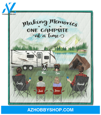 Personalized Camping Blanket, Gift Idea For The Whole Family - Parents With 2 Kids And 2 Dogs In Front - Making Memories One Campsite At A Time