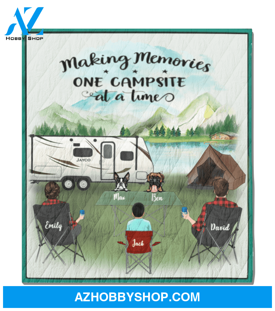 Personalized Camping Blanket, Gift Idea For The Whole Family - Parents With 1 Kid And 2 Dogs In Front - Making Memories One Campsite At A Time