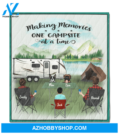 Personalized Camping Blanket, Gift Idea For The Whole Family - Parents With 1 Kid And 2 Dogs In Front - Making Memories One Campsite At A Time