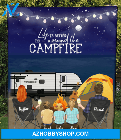 Personalized Camping Blanket Gift Idea For The Whole Family - Parents & 3 Kids Family Night Beach Camping Fleece Blanket