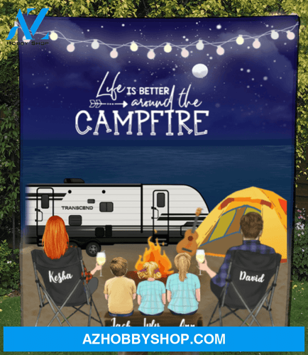 Personalized Camping Blanket Gift Idea For The Whole Family - Parents & 3 Kids Family Night Beach Camping Fleece Blanket