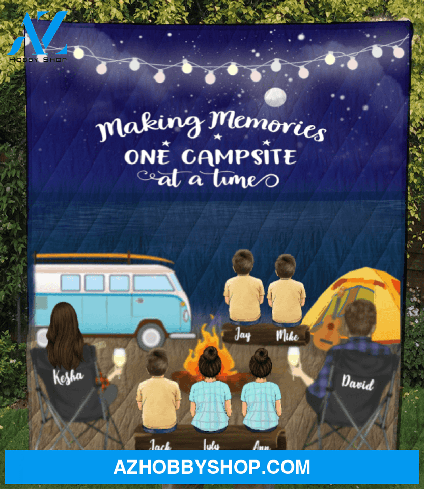 Personalized Camping Blanket Gift Idea For The Whole Family - Parents & 5 Kids Family Night Beach Camping Quilt Blanket