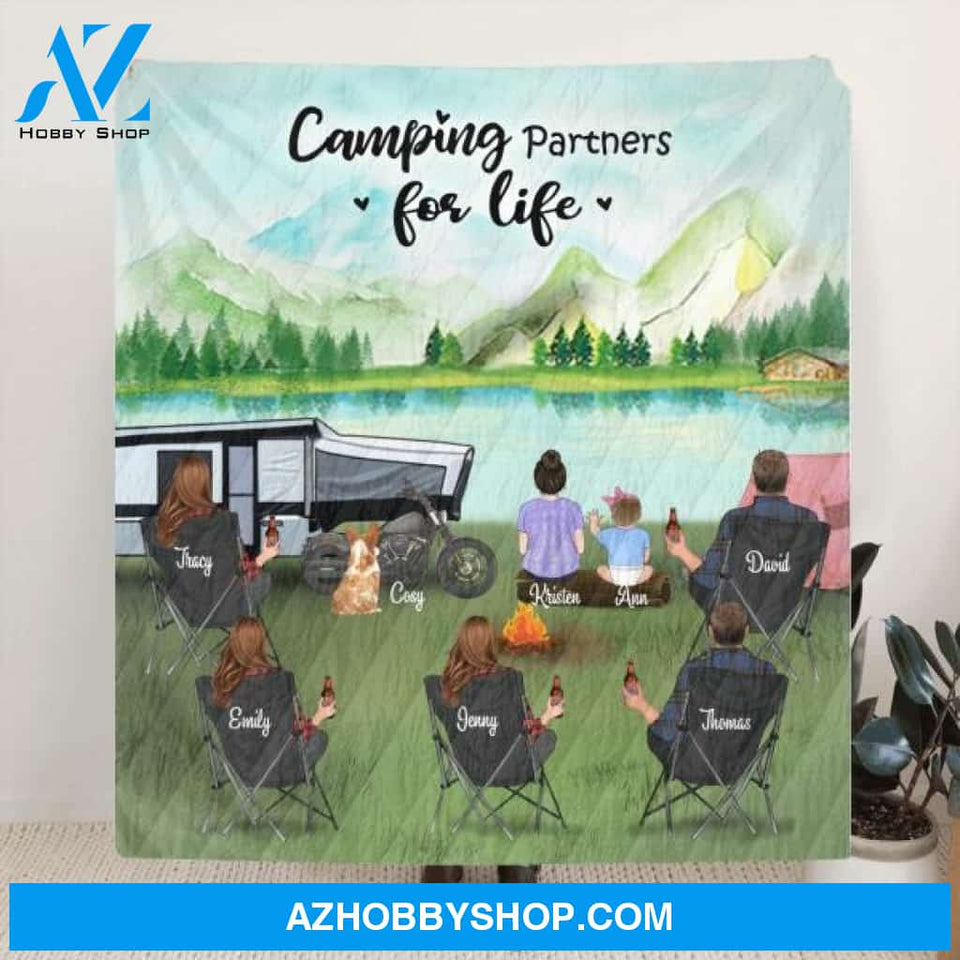 Personalized Camping Blanket - Gift For Camping Lovers with 5 Adults, 2 Kids and 1 Pet - Camping Partners For Life