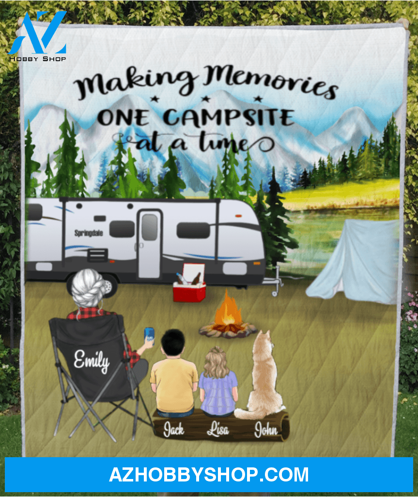 Personalized camping blanket - Gift Idea For Single Mom - Single Mom With 2 Kids and 1 Pet Mountain Camping Quilt - Making Memories One Campsite At A Home