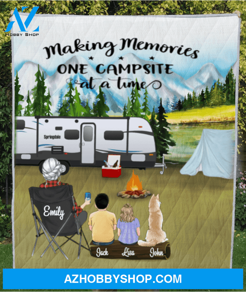 Personalized camping blanket - Gift Idea For Single Mom - Single Mom With 2 Kids and 1 Pet Mountain Camping Quilt - Making Memories One Campsite At A Home