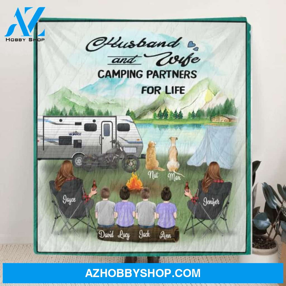 Personalized Camping Couple Blanket - Same Sex Couple with 4 kids and 2 dogs - Best Gift For Couple